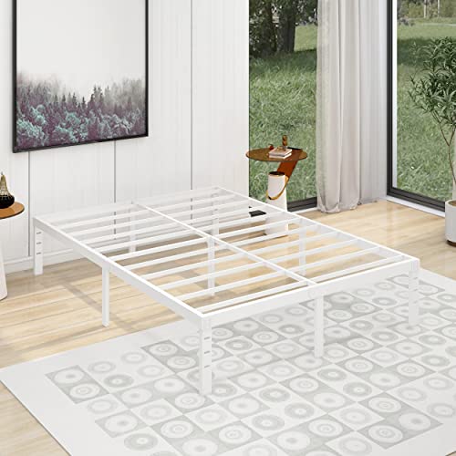 alazyhome Full Size Bed Frame 14 Inch Metal Platform Bed Frame Heavy Duty Steel Slats Support No Box Spring Needed Noise-Free Easy Assembly White