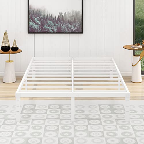 alazyhome Full Size Bed Frame 14 Inch Metal Platform Bed Frame Heavy Duty Steel Slats Support No Box Spring Needed Noise-Free Easy Assembly White