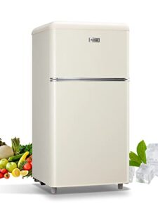 wanai compact refrigerator 3.2 cu.ft retro cream fridge with freezer 2 door mini refrigerator with 7 temp modes, removable shelves, led lights, ideal for apartment dorm and office, cream