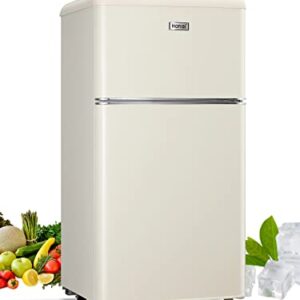 WANAI Compact Refrigerator 3.2 Cu.Ft Retro Cream Fridge With Freezer 2 Door Mini Refrigerator with 7 TEMP Modes, Removable Shelves, LED Lights, Ideal for Apartment Dorm and Office, Cream