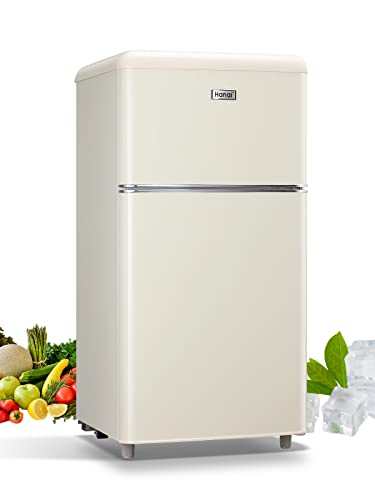 WANAI Compact Refrigerator 3.2 Cu.Ft Retro Cream Fridge With Freezer 2 Door Mini Refrigerator with 7 TEMP Modes, Removable Shelves, LED Lights, Ideal for Apartment Dorm and Office, Cream