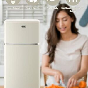 WANAI Compact Refrigerator 3.2 Cu.Ft Retro Cream Fridge With Freezer 2 Door Mini Refrigerator with 7 TEMP Modes, Removable Shelves, LED Lights, Ideal for Apartment Dorm and Office, Cream