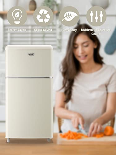 WANAI Compact Refrigerator 3.2 Cu.Ft Retro Cream Fridge With Freezer 2 Door Mini Refrigerator with 7 TEMP Modes, Removable Shelves, LED Lights, Ideal for Apartment Dorm and Office, Cream