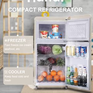 WANAI Compact Refrigerator 3.2 Cu.Ft Retro Cream Fridge With Freezer 2 Door Mini Refrigerator with 7 TEMP Modes, Removable Shelves, LED Lights, Ideal for Apartment Dorm and Office, Cream