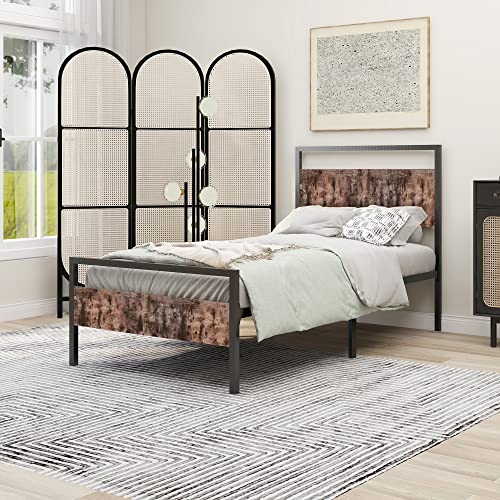 alazyhome Modern Industrial Twin Size Bed Frame Metal Platform with Rustic Wooden Headboard and Footboard, No Box Spring Needed, Noise Free, Easy Assembly Black