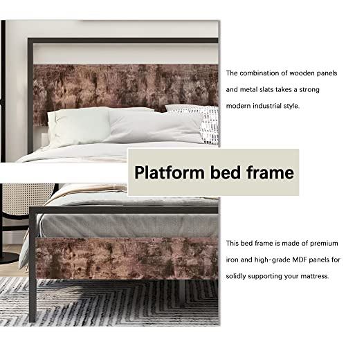 alazyhome Modern Industrial Twin Size Bed Frame Metal Platform with Rustic Wooden Headboard and Footboard, No Box Spring Needed, Noise Free, Easy Assembly Black