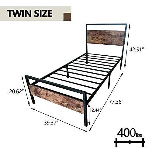 alazyhome Modern Industrial Twin Size Bed Frame Metal Platform with Rustic Wooden Headboard and Footboard, No Box Spring Needed, Noise Free, Easy Assembly Black