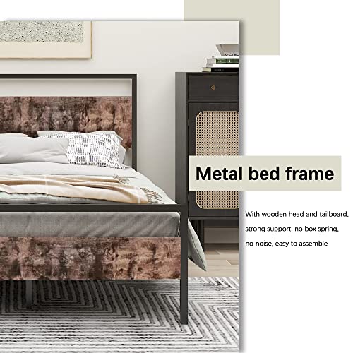 alazyhome Modern Industrial Twin Size Bed Frame Metal Platform with Rustic Wooden Headboard and Footboard, No Box Spring Needed, Noise Free, Easy Assembly Black