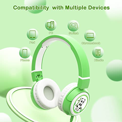 ONITOON Wired 85dB Volume Limited Over-Ear Headset, Foldable and Share Port for Toddler, Child Girls, Boys Travel School Phone Pad PC Tablet (Green)