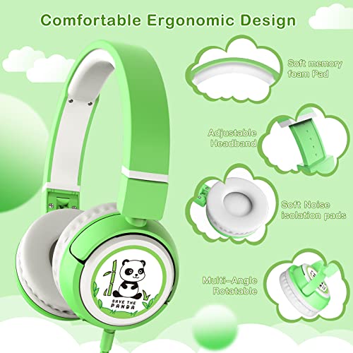 ONITOON Wired 85dB Volume Limited Over-Ear Headset, Foldable and Share Port for Toddler, Child Girls, Boys Travel School Phone Pad PC Tablet (Green)