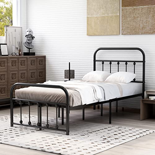 alazyhome Classic Metal Platform Twin XL Size Bed Frame Mattress Foundation with Victorian Style Iron-Art Headboard Under Bed Storage No Box Spring Needed Black