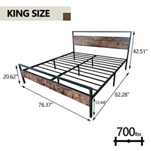 alazyhome Modern Industrial King Size Bed Frame Metal Platform with Rustic Wooden Headboard and Footboard, No Box Spring Needed, Noise Free, Easy Assembly Black