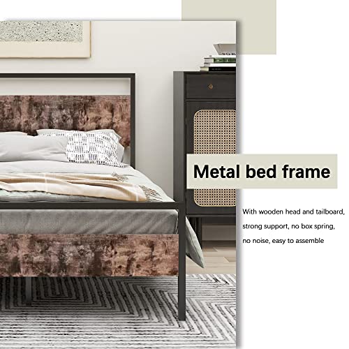 alazyhome Modern Industrial King Size Bed Frame Metal Platform with Rustic Wooden Headboard and Footboard, No Box Spring Needed, Noise Free, Easy Assembly Black