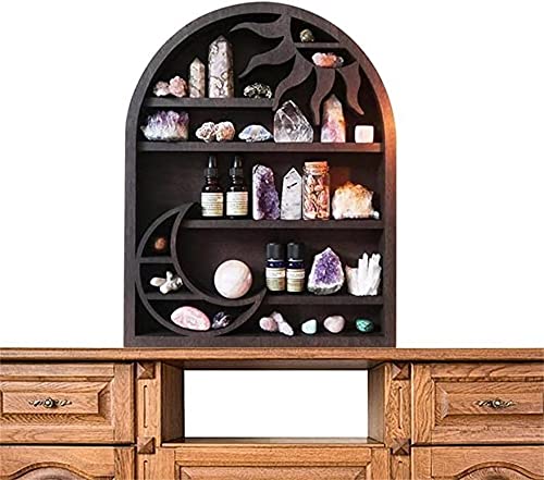 Crystal Shelf Display Crescent Moon Rack Witchy Crystal Holder for Stones Essential Oils Essentials Shelves Wall Decor Rustic Wooden Display Boho Meditation Home Decor (Model1-House)