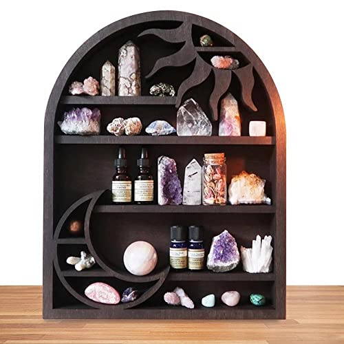 Crystal Shelf Display Crescent Moon Rack Witchy Crystal Holder for Stones Essential Oils Essentials Shelves Wall Decor Rustic Wooden Display Boho Meditation Home Decor (Model1-House)