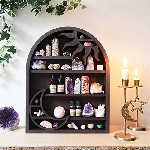 Crystal Shelf Display Crescent Moon Rack Witchy Crystal Holder for Stones Essential Oils Essentials Shelves Wall Decor Rustic Wooden Display Boho Meditation Home Decor (Model1-House)