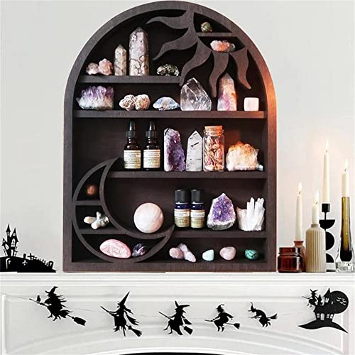 Crystal Shelf Display Crescent Moon Rack Witchy Crystal Holder for Stones Essential Oils Essentials Shelves Wall Decor Rustic Wooden Display Boho Meditation Home Decor (Model1-House)