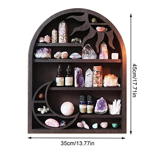 Crystal Shelf Display Crescent Moon Rack Witchy Crystal Holder for Stones Essential Oils Essentials Shelves Wall Decor Rustic Wooden Display Boho Meditation Home Decor (Model1-House)