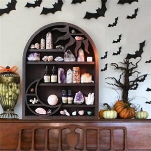 Crystal Shelf Display Crescent Moon Rack Witchy Crystal Holder for Stones Essential Oils Essentials Shelves Wall Decor Rustic Wooden Display Boho Meditation Home Decor (Model1-House)