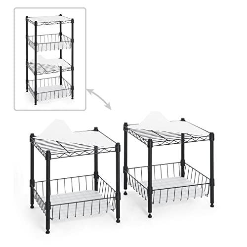 CAPHAUS NSF Adjustable 2 to 4 Tier Stackable Wire Shelving Unit w/Basket & Liner, Storage Corner Shelves, Metal Storage Rack for Kitchen, Bathroom, Laundry Closet, Wire Shelving Basket Shelves Black