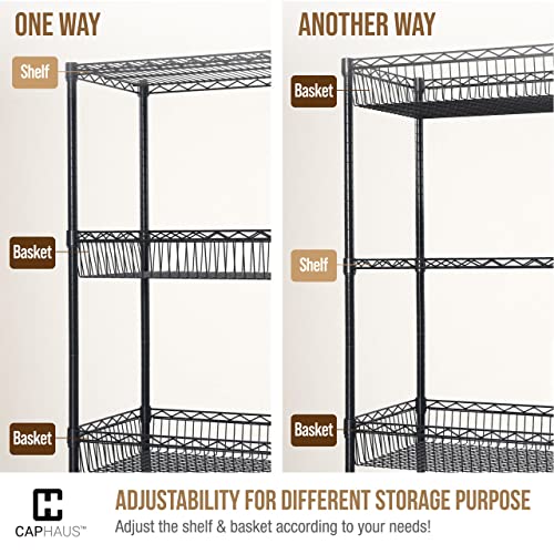 CAPHAUS NSF Adjustable 2 to 4 Tier Stackable Wire Shelving Unit w/Basket & Liner, Storage Corner Shelves, Metal Storage Rack for Kitchen, Bathroom, Laundry Closet, Wire Shelving Basket Shelves Black