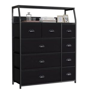 furnulem 9 drawer dresser large with shelf, tall closet storage organizer for bedroom, fabric storage dresser, wooden top, living room, entryway-industrial style (black, 31.5"x11.4"x39.8")