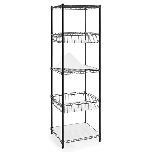 Fencer Wire NSF 5 Tier Wire Shelving Unit w/Baskets & Liner, Storage Rack Kitchen, Bathroom, Laundry Closet, Wire Shelving Basket Shelves, Storage Rack Corner Shelves, Black