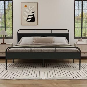 alazyhome modern king size bed frame, metal platform bed with linen upholstered headboard, steel slats support, noise free, under-bed storage, easy assembly, black