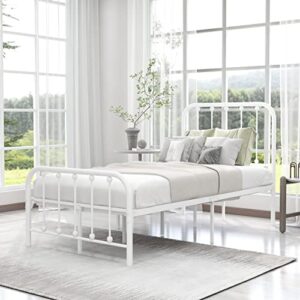alazyhome twin size metal platform bed frame with headboard and footboard sturdy heavy duty steel slat support no box spring needed easy assembly white