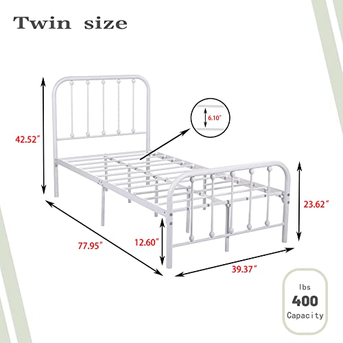 alazyhome Twin Size Metal Platform Bed Frame with Headboard and Footboard Sturdy Heavy Duty Steel Slat Support No Box Spring Needed Easy Assembly White