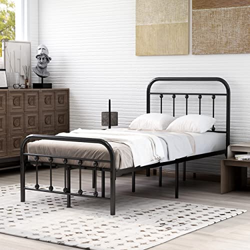 alazyhome Classic Metal Platform Twin Size Bed Frame Mattress Foundation with Victorian Style Iron-Art Headboard Under Bed Storage No Box Spring Needed Black