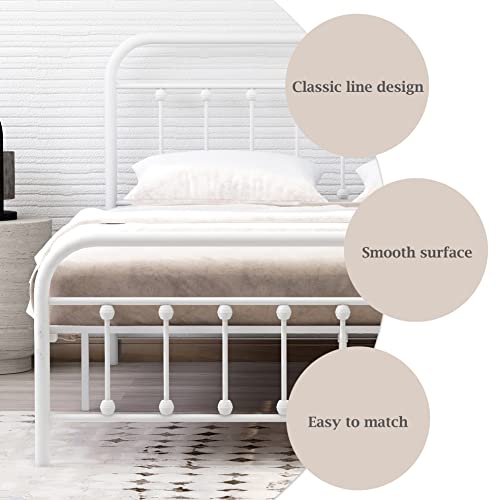 alazyhome Classic Metal Platform Twin Size Bed Frame Mattress Foundation with Victorian Style Iron-Art Headboard Under Bed Storage No Box Spring Needed White