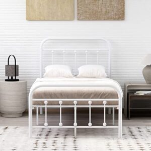 alazyhome Classic Metal Platform Twin Size Bed Frame Mattress Foundation with Victorian Style Iron-Art Headboard Under Bed Storage No Box Spring Needed White