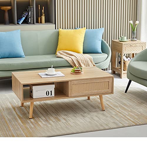 Rattan Coffee Table, Sliding Door for Storage, Solid Wood Legs, Modern Table for Living Room (Natural)