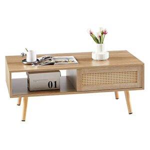 Rattan Coffee Table, Sliding Door for Storage, Solid Wood Legs, Modern Table for Living Room (Natural)