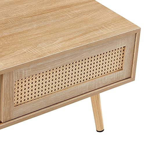 Rattan Coffee Table, Sliding Door for Storage, Solid Wood Legs, Modern Table for Living Room (Natural)