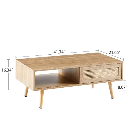 Rattan Coffee Table, Sliding Door for Storage, Solid Wood Legs, Modern Table for Living Room (Natural)
