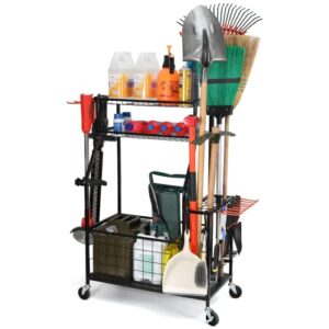 garden tool storage for garage, yard tool organizer for garage, shed, garden, garage tool organizer, garage tool rack on wheels, tool stand for home, outdoor, heavy duty steel, black