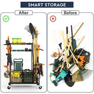 Garden Tool Storage for Garage, Yard Tool Organizer for Garage, Shed, Garden, Garage Tool Organizer, Garage Tool Rack on Wheels, Tool Stand for Home, Outdoor, Heavy Duty Steel, Black