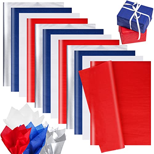 Bolsome 100 Sheets 20 * 14 Inches Red White Blue Silver Tissue Paper for Gift Wrapping, Patriotic Tissue Paper for Gift Bags for Veterans Day Christmas Party DIY Craft