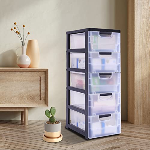 LUGBING Plastic Drawers Organizer, 11.81"x15.75"x33.07" Storage Drawers Containers with 5 Clear Drawers for Living Room Bedroom Office