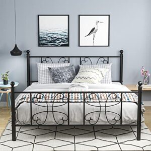 vecelo queen metal platform bed frame mattress foundation with iron-art headboard and footboard, no box spring needed, noise-free, easy assembly, under bed storage