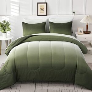 7 pieces gradient olive green comforter set queen - lightweight green bed in a bag queen size set, all season down alternative complete bedding set with flat/fitted sheet, pillowcases and pillow shams