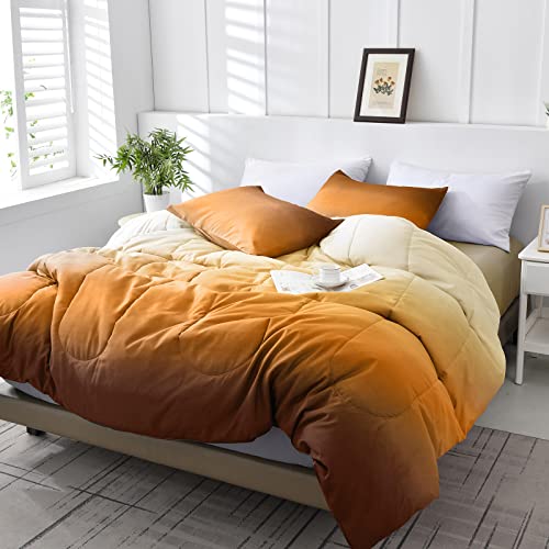 Gradient Brunt Orange Comforter Set Queen 7 Pieces Ombre Abstract Bed in a Bag Set for All Season - Lightweight Microfiber Bedding Set with Comforter, Pillowcases, Pillow Shams, Flat/Fitted Sheet