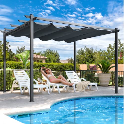 YOLENY 10' x13' Aluminum Outdoor Retractable Pergola, Outdoor Patio Steel Frame Pergola with Sun Shade Canopy Patio Metal Shelter for Garden, Deck, Patio