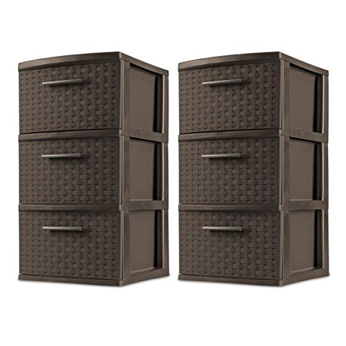 TRFMY 3-Drawer Wide Weave Design Storage Tower,Frame & Drawers w/Driftwood Handles,Set of 2 (Espresso)