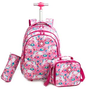 egchescebo girls rolling backpacks with wheels 3pcs unicorn backpack set for school wheeled luggage suitcase lunch box pencil case large capacity bookbag adjustable trolley for elementary travel red