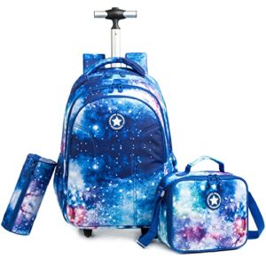 egchescebo boys rolling backpacks with wheels 3pcs starry sky backpack for school wheeled luggage suitcase lunch box pencil case large capacity bookbag adjustable trolley for elementary travel blue