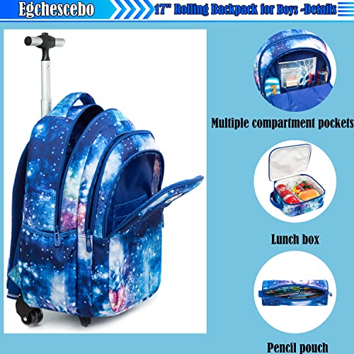 Egchescebo Boys Rolling Backpacks with Wheels 3PCS Starry Sky Backpack for School Wheeled Luggage Suitcase Lunch Box Pencil Case Large Capacity Bookbag Adjustable Trolley for Elementary Travel Blue