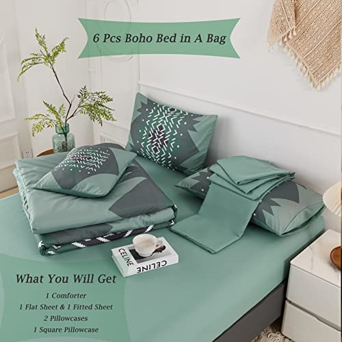 ANGIYUIN 6Pcs Boho Sage Green Comforter Set, Full Size Bed in a Bag, Ultra Soft Microfiber Bedding Set, Western Geometric Lightweight Comforters (Full, Green)